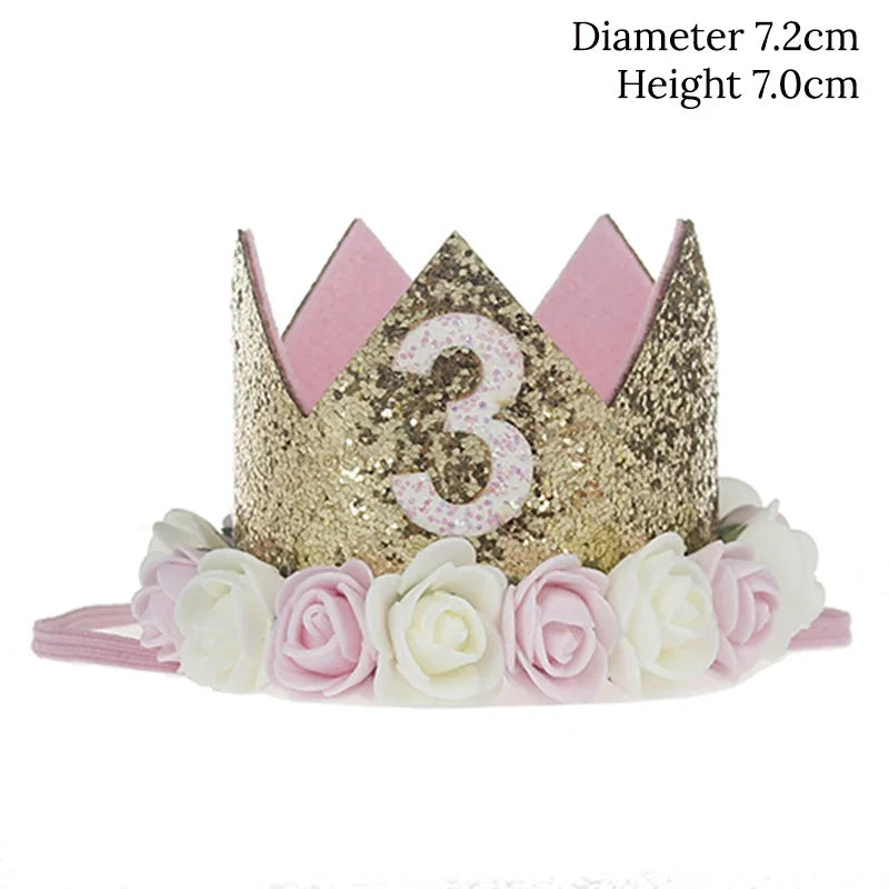 Baby Birthday Decoration Girl 1 2 3 Years Crown Hat Pink White Flower Sequins Crown 1st birthday Photo Prop Happy Birthday Gifts