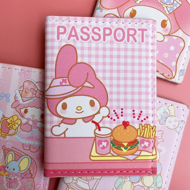 Sanrio MY Melody Passport Cover Girls Travel Passport Holder PU Leather Function Business Card Case For Women ID Card Holder