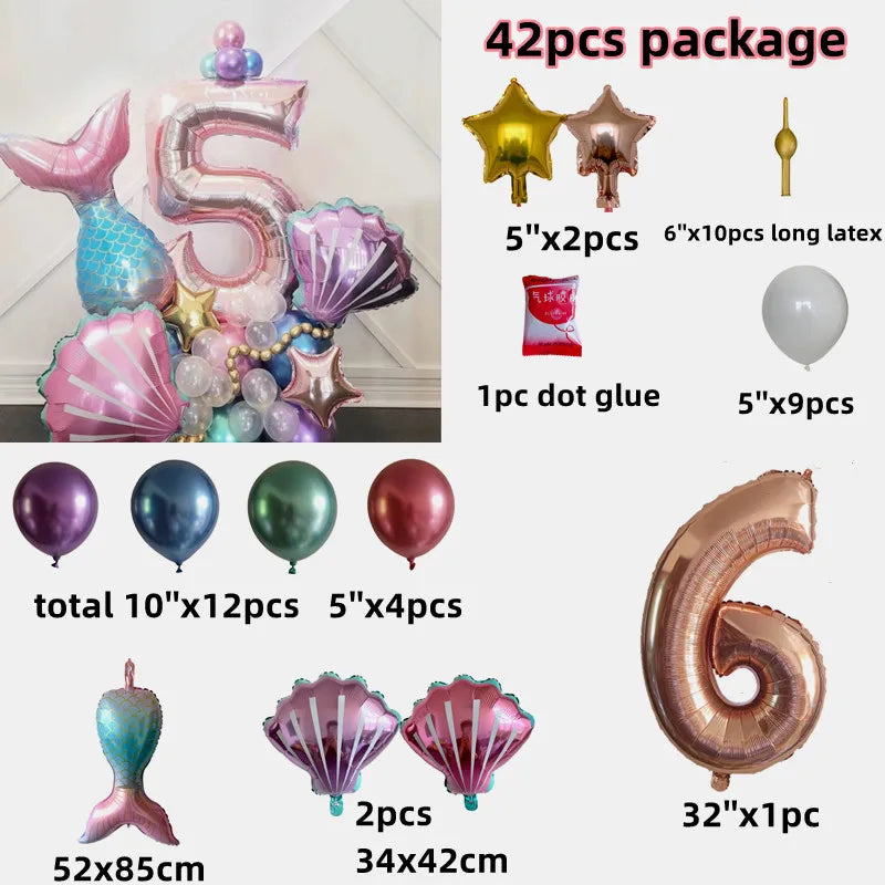Little Mermaid Theme Party 1-9 Number Foil Balloon Set with Mermaid Tail Balloons Kids Birthday Party Decoration Supplies