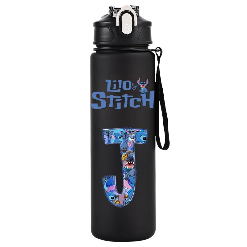 750ml Water Bottle Letter A-Z Printed Lilo Stitch Black Large Capacity Drinking Cup Portable Outdoor Sport Water Cup Kid Gifts