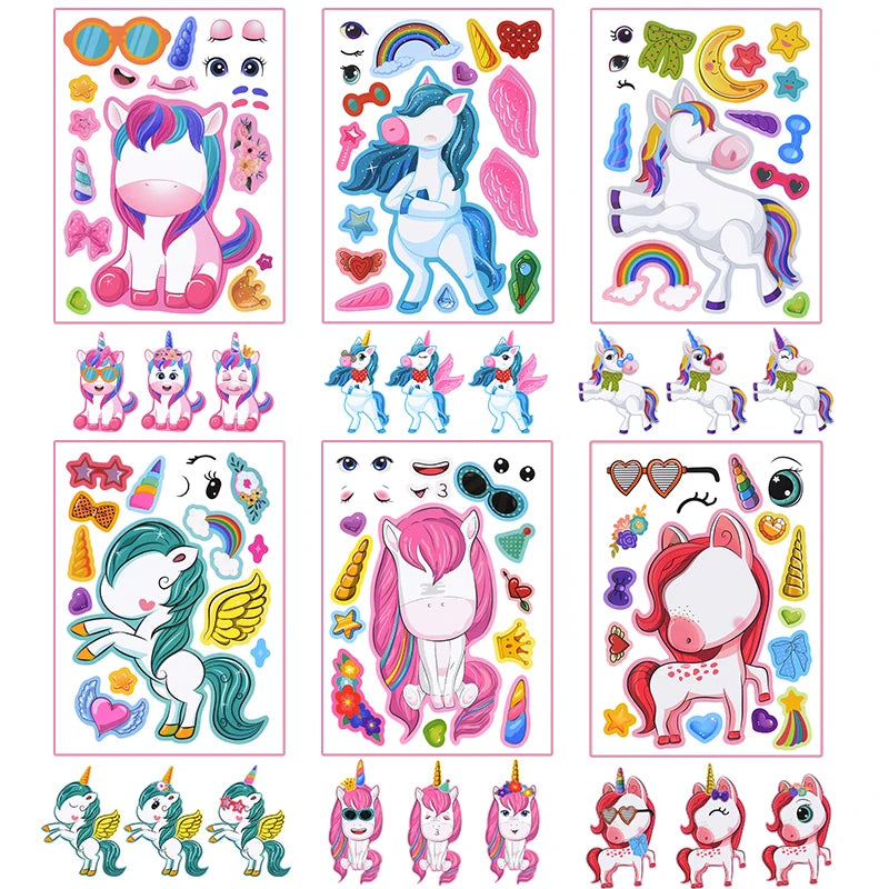 6/12Sheets Cartoon Unicorn Make A Face Assemble DIY Sticker Girls Unicorn Birthday Party Decoration Supplies Gifts for guests