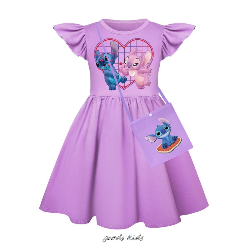 Hot Lilo And Stitch Fly Sleeve Baby Girl Dress And Bag Kids Cosplay Costume Children's Birthday Party Princess Dress Outfits
