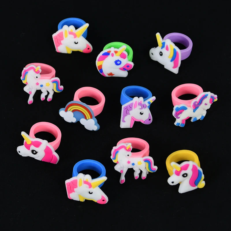 6/10pcs Cartoon Unicorn Butterfly Ring Girls Jewelry Silicone Ring Toys For Kids Unicorn Birthday Party Decor Gifts Filler Prize