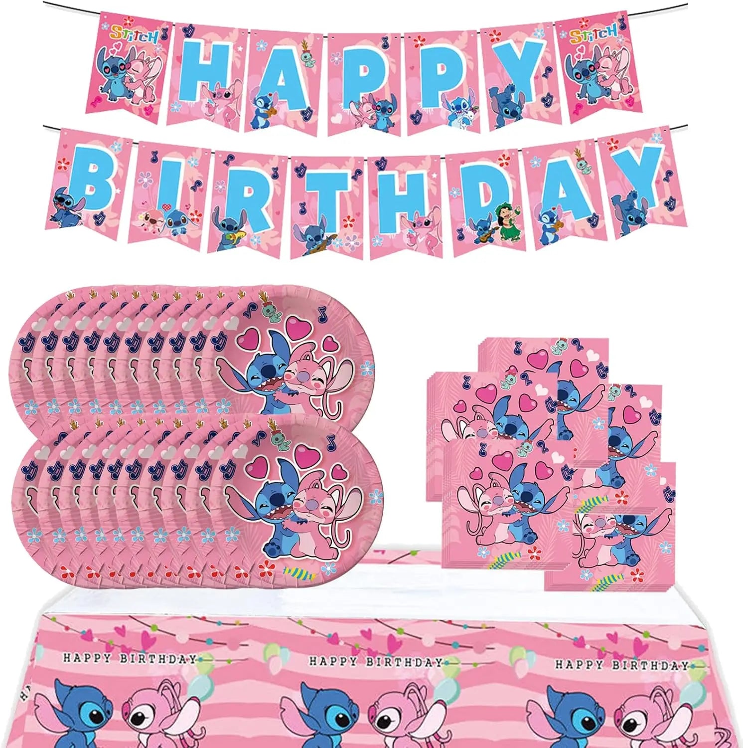 Lilo And Stitch Girl Party Birthday Decoration Set Party Supplies Tableware Stitch Balloon Banner Plate Napkin Tablecloth forkid