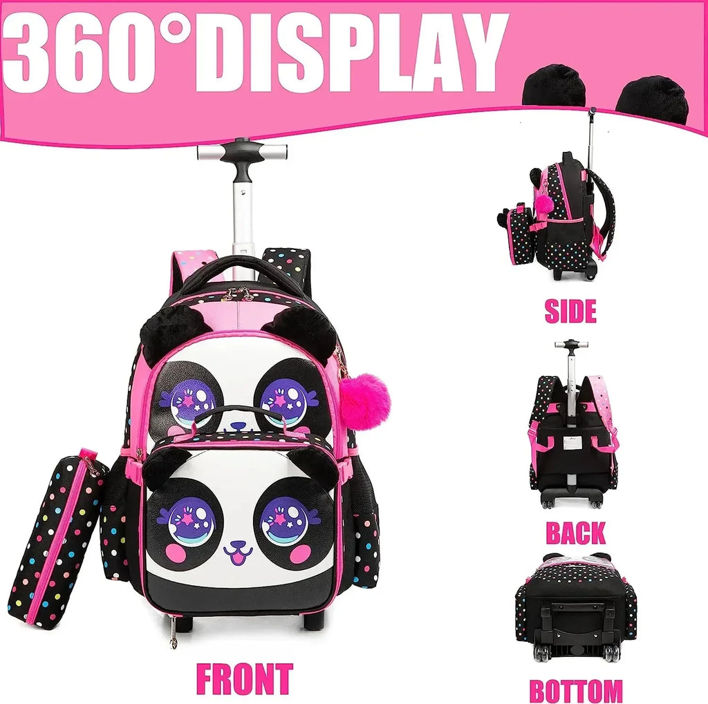 3PCS Cute Rolling Backpack for Girls Backpacks with Wheels for Elementary Students Kids 3 in 1 Travel Luggage Carry on Suitcase
