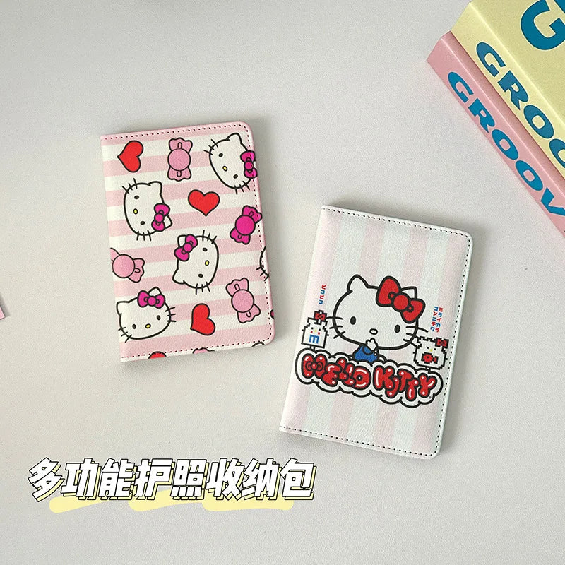 Sanrio Hello Kitty Travel Passport Cover Women Girls Passport Credit Card Holder PU Cartoon Organizer Case Passport Wallet Gift