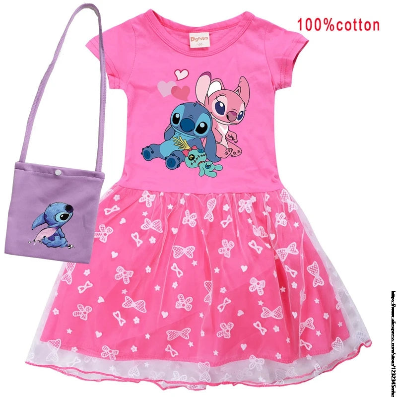 Hot Lilo And Stitch Girls Children Spring Summer Tutu Stitch Dress +Bag Kids Princess Girls Birthday Party Dress Costume
