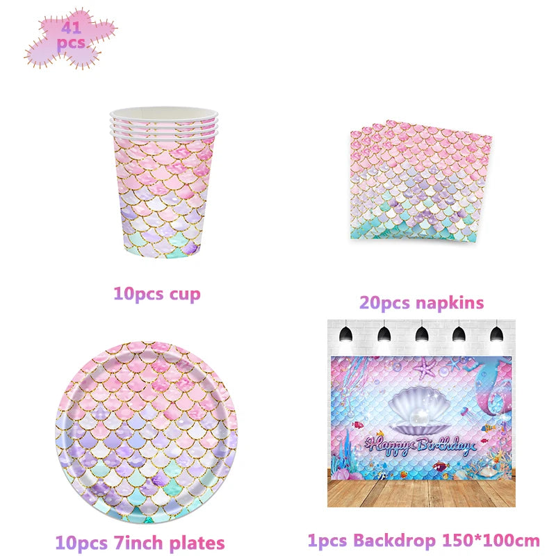 Mermaid Princes Birthday Party Decorations Disposable Tableware Gif Bag Foil Balloon Backdrop Decor Baby Shower Party Supplies