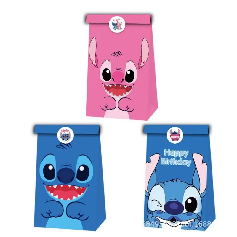 12Pcs Stitch Theme Gift Bag Stitch Animation Pattern Birthday Party Candy Gift Kraft Paper Bag Birthday Gift Box Bag Stickers