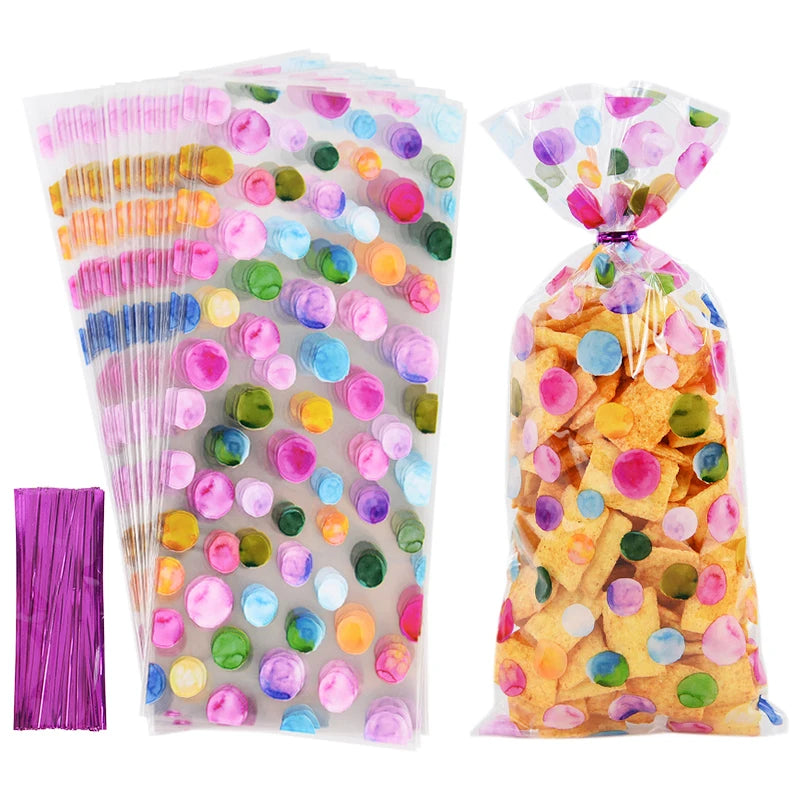 25/50pcs Rainbow Polka Dot Candy Cookie Bag Birthday Party Biscuit Gift Packaging Cellophane Bags Wedding Baby Shower Supplies