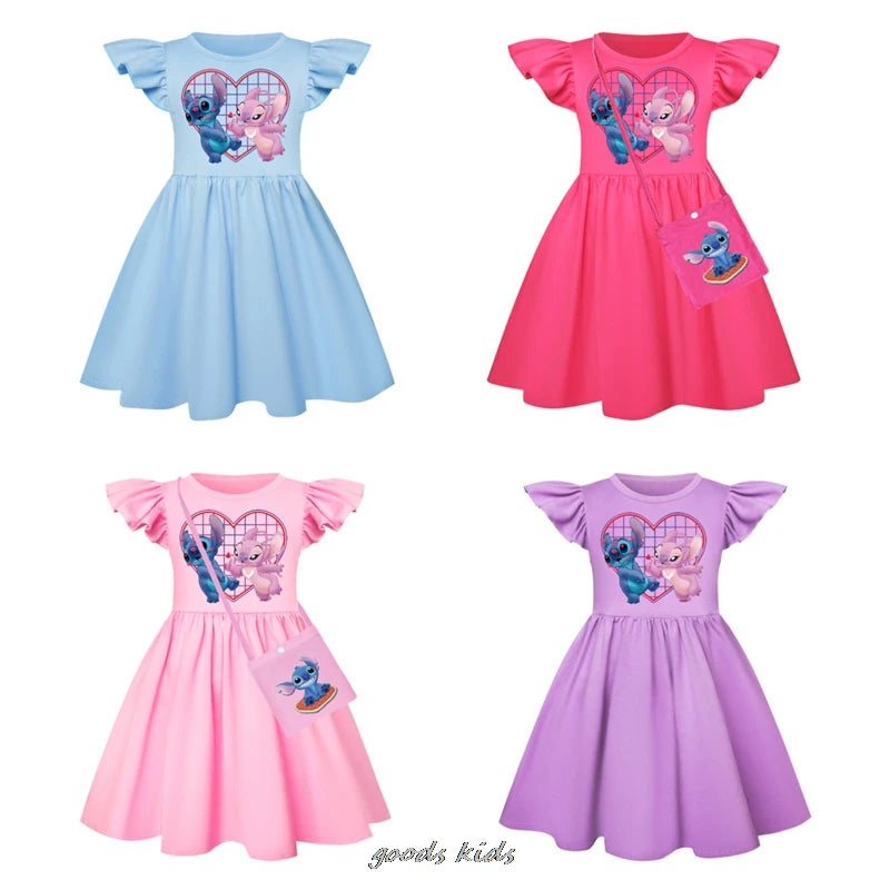 Hot Lilo And Stitch Fly Sleeve Baby Girl Dress And Bag Kids Cosplay Costume Children's Birthday Party Princess Dress Outfits