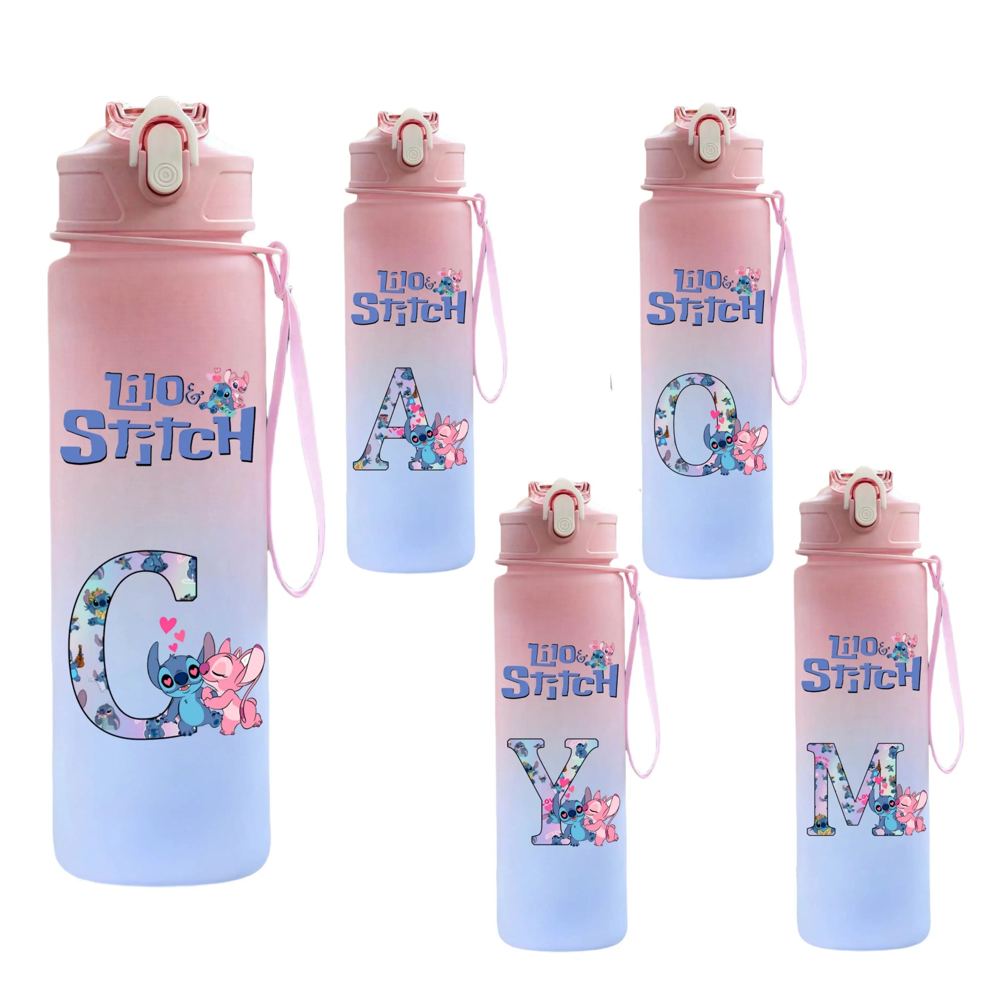 750ML Water Bottle Lilo Stitch Cartoon Letter A-Z Printed Large Capacity Drinking Cup Portable Outdoor Sport Water Cup Kid Gift