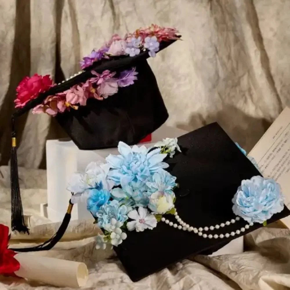 Trencher Cap DIY Flowers Graduation Cap Mortar Board Adjustable Kids Academic Hat with Tassels Bachelor Charm Ornament