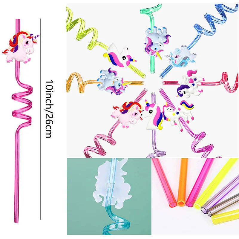 4pcs Multi themed Cute Party Straws,Unicorn Mermaid Dinosaur Party Straw,Reusable Plastic Straws for Kids Birthday Decor Gifts