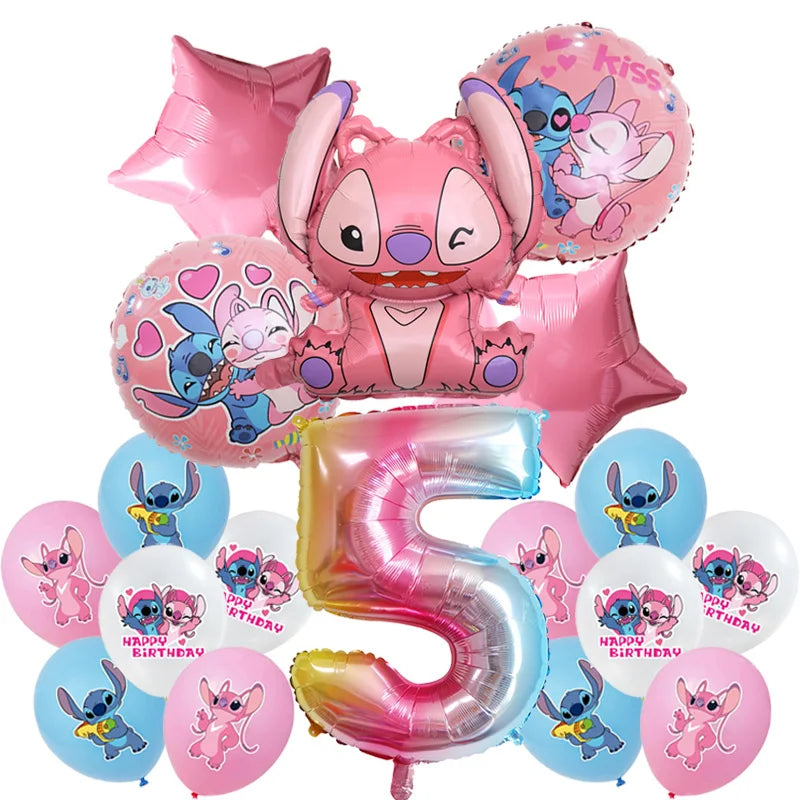 Stitch Birthday Party Decoration Pink Angel&Stitch Theme Event Supplies For Kids Balloon Disposable Tableware Banner Backdrop