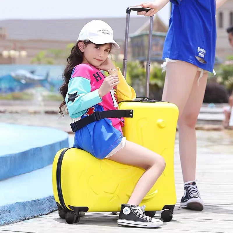 New Kids Riding Trojanl Luggage Hot Boys Girls Travel Trolley Alloy Children Sitting Rolling Luggage Suitcase Spinner Wheels