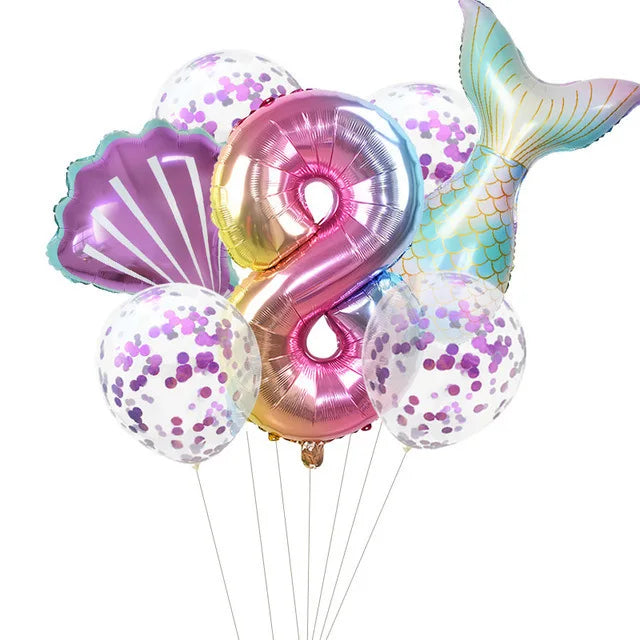 7 Pcs Little Mermaid Shell Balloons 32inch Number Foil Balloon Kids Birthday Party Decoration Supplies Baby Shower Decor Globos