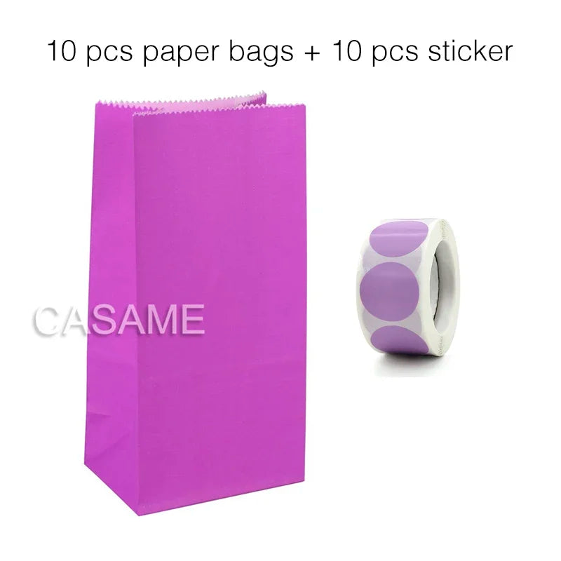 10 pcs Colorful Solid Stripe and Polka Dot Stand-Up Bags with Stickers - 18x9x6cm Favor Gift Packing Treat Bags for Wedding