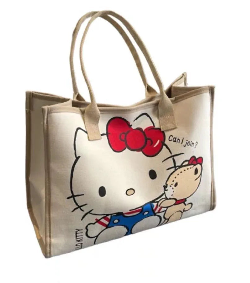 Hello Kitty Canvas Bag Sanrio Tote Bag Shoulder Storage Makeup Pouch Anime Handbag Travel Shopping Bag Kid Schoolbag Girl Gift