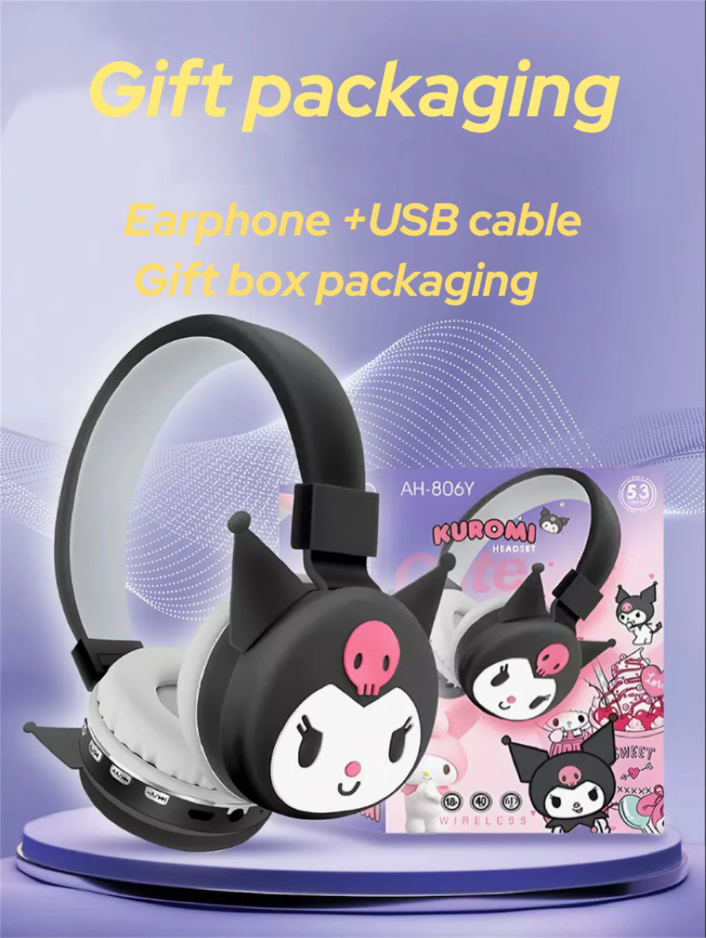 Sanrio Bluetooth Headphone Hello Kitty Wireless Headsets Cartoon Mic Foldable Lightweight Earphone for Phones Laptop Gift Pink