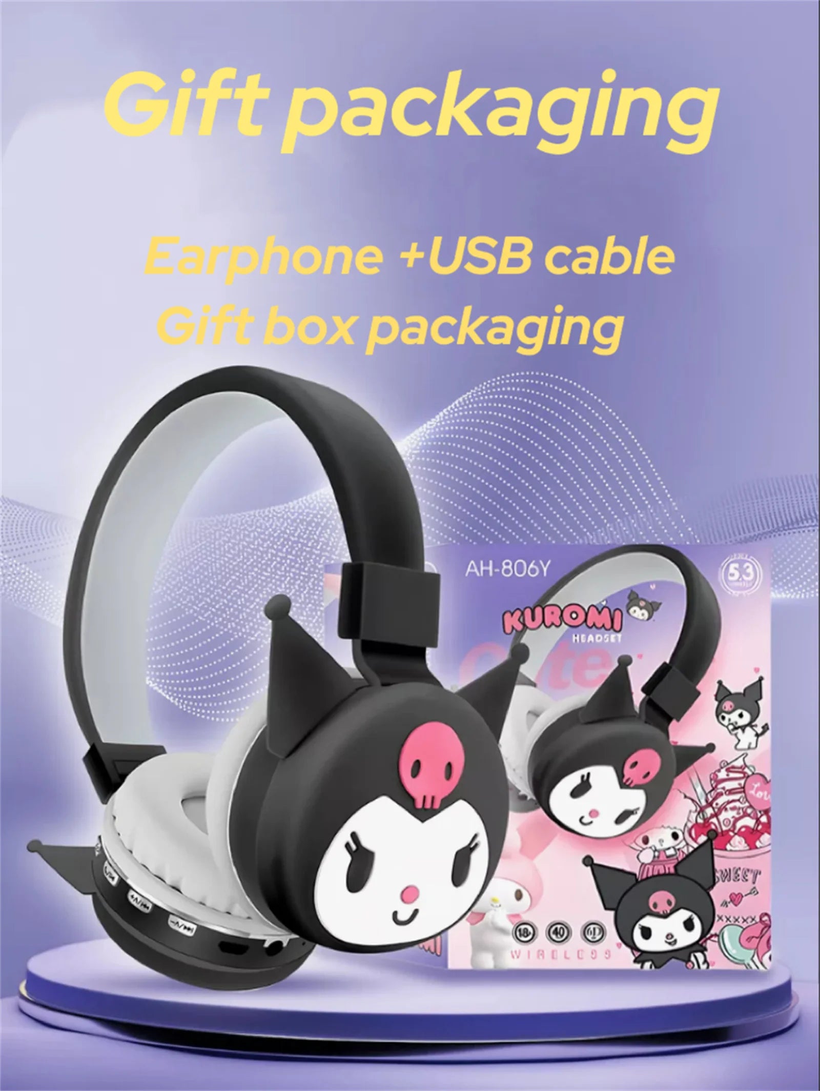 Sanrio Bluetooth Headphone Hello Kitty Wireless Headsets Cartoon Mic Foldable Lightweight Earphone for Phones Laptop Gift Pink