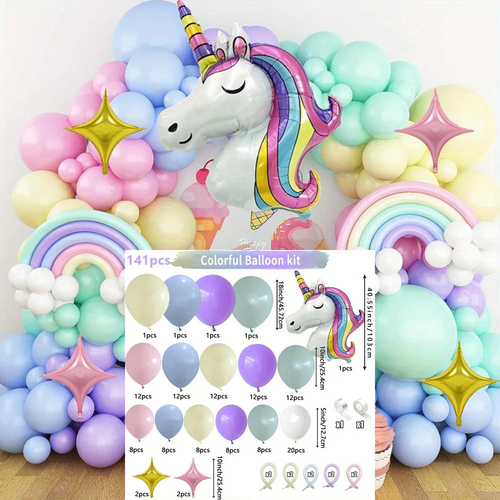141PCS Rainbow Unicorn Balloon Wreath Set with Colorful Candy Macaron Balloons for Wedding, Birthday, and Party Decoration