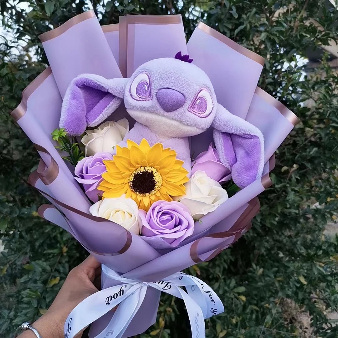 Lilo&Stitch Plush Bouquet Toy Christmas Gift Purple Blue Stuffed Rose Flower Soft Cute Cartoon Doll Valentine Graduation Gifts