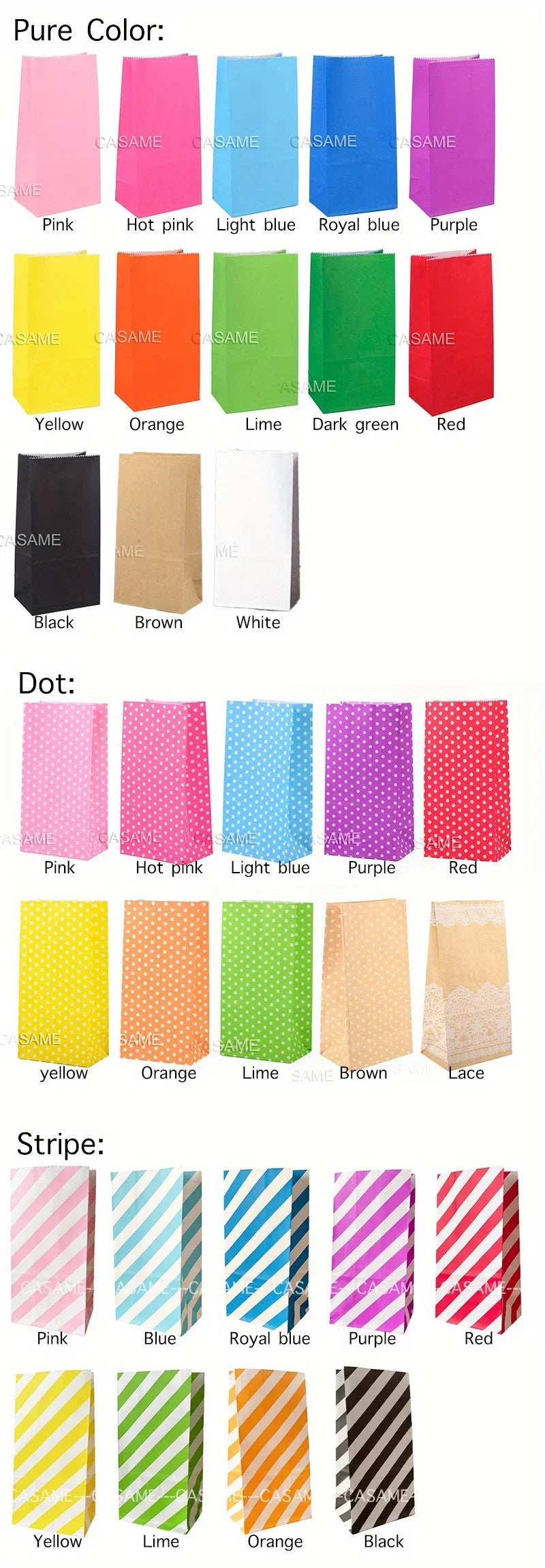 10 pcs Colorful Solid Stripe and Polka Dot Stand-Up Bags with Stickers - 18x9x6cm Favor Gift Packing Treat Bags for Wedding
