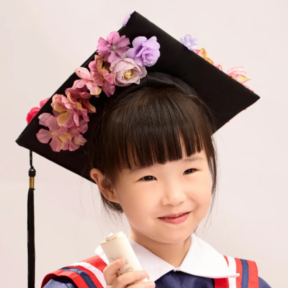 Trencher Cap DIY Flowers Graduation Cap Mortar Board Adjustable Kids Academic Hat with Tassels Bachelor Charm Ornament