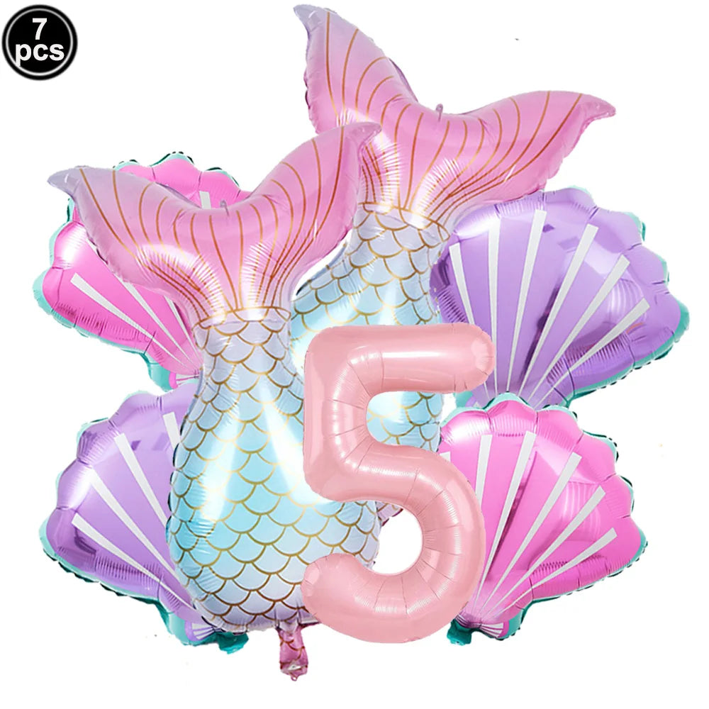 Mermaid Birthday Decorations 7 Pcs Mermaid Foil Balloon Mermaid Tail Balloon Mermaid Decor for 1st-9th Birthday Party Baby Showe