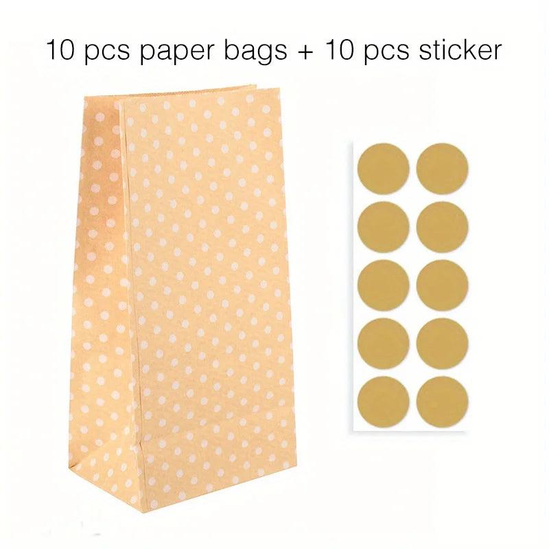 10 pcs Colorful Solid Stripe and Polka Dot Stand-Up Bags with Stickers - 18x9x6cm Favor Gift Packing Treat Bags for Wedding