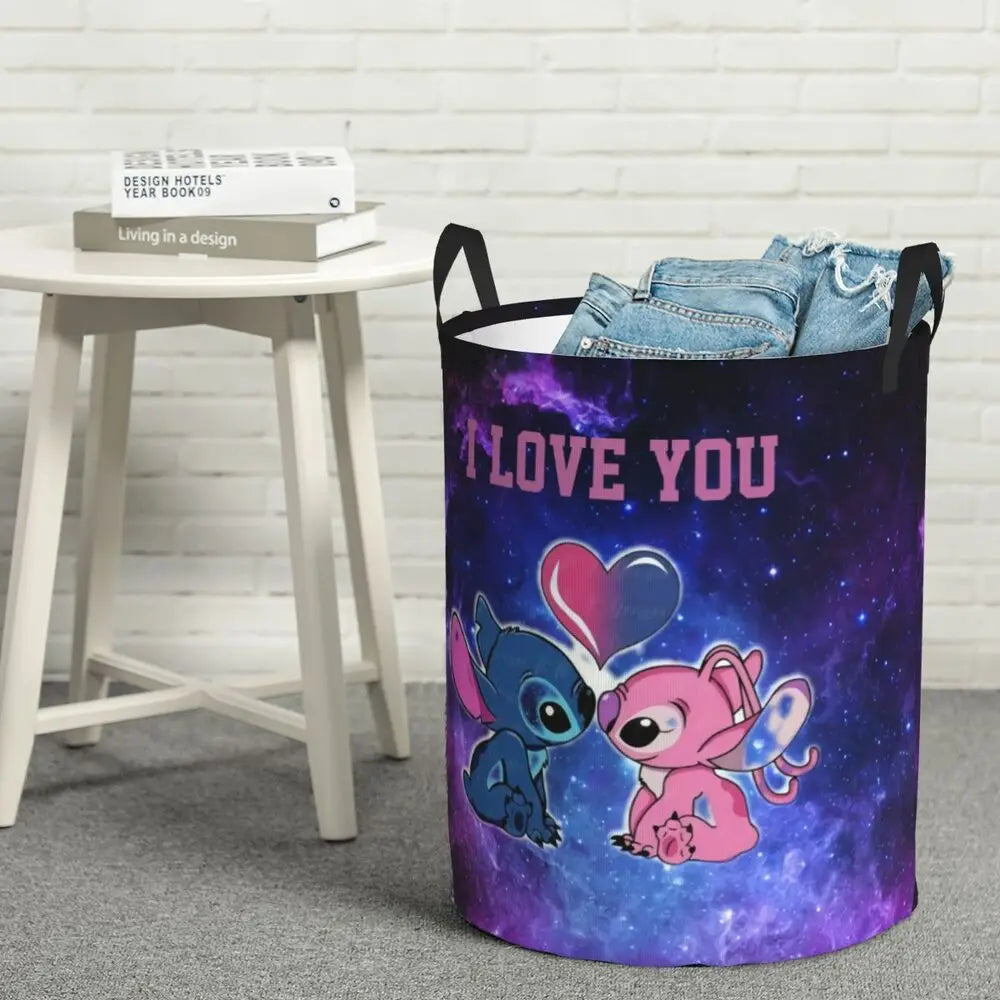 Custom Stitch Kiss Angel Love Heart Anime Laundry Hamper Large Clothes Storage Basket Toy Bin Organizer for Boy Girl