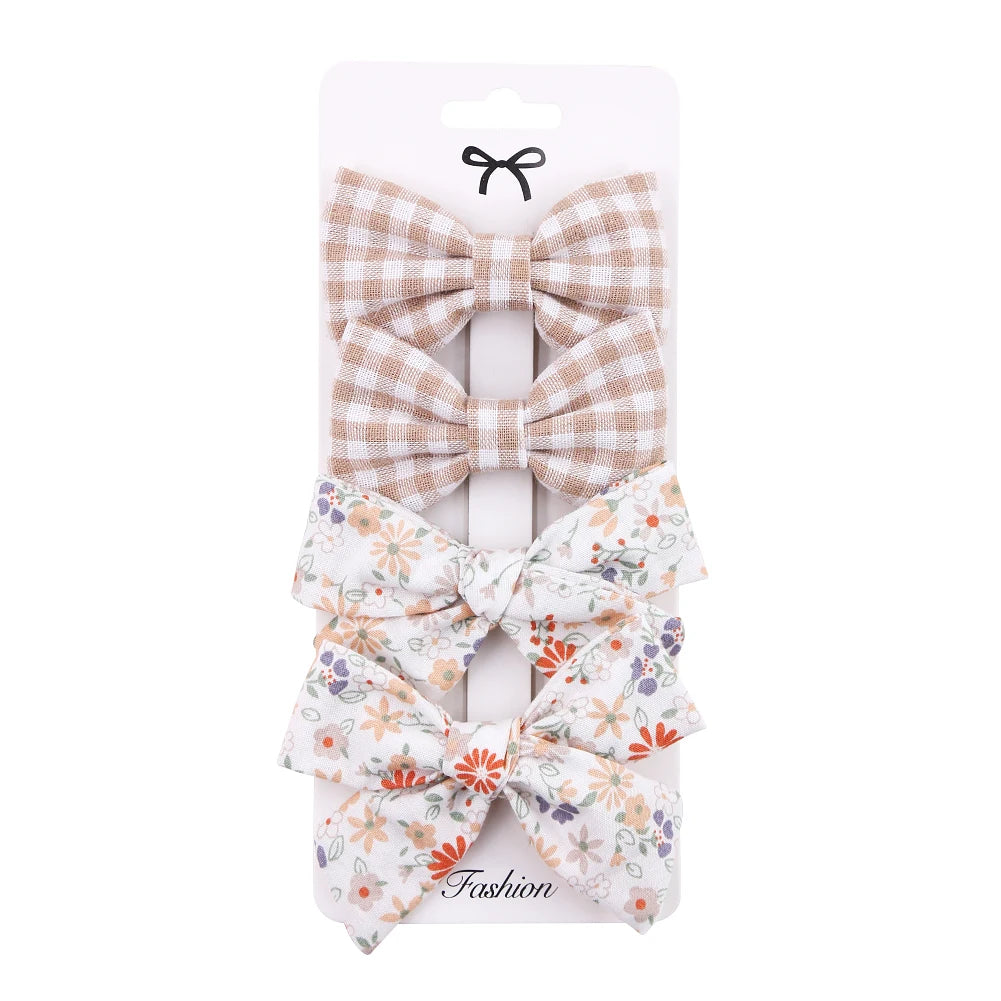 4Pcs/set Floral Print Hair Bow Clips Baby Girls Lace Cotton Linen BB Barrettes Safety Hairpins Korea Kids Headwear Accessories