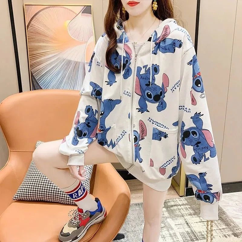New Lilo and Stitch Hooded Sweatshirt Kawaii Women's Loose Top Thin Design Anime Printed Accessories Cartoon Cardigan Jacket