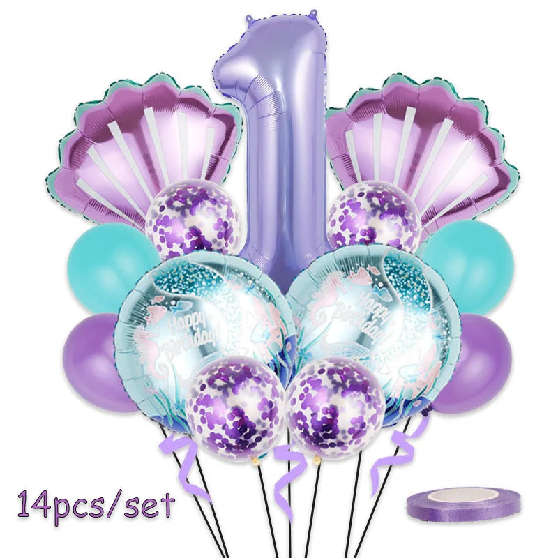 Mermaid Birthday Balloons Set 32inch Purple Number Shell Foil Ballon Girls Happy Little Mermaid 1st 2nd 3rd 4th Birthday Balloon