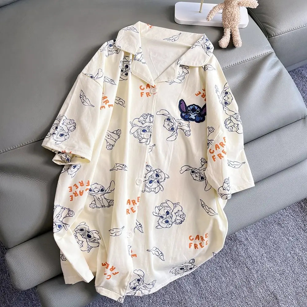 Cartoon Stitch Korean version ins couple pajamas, cute personality, comfortable summer cotton shorts, cardigan, loungewear set