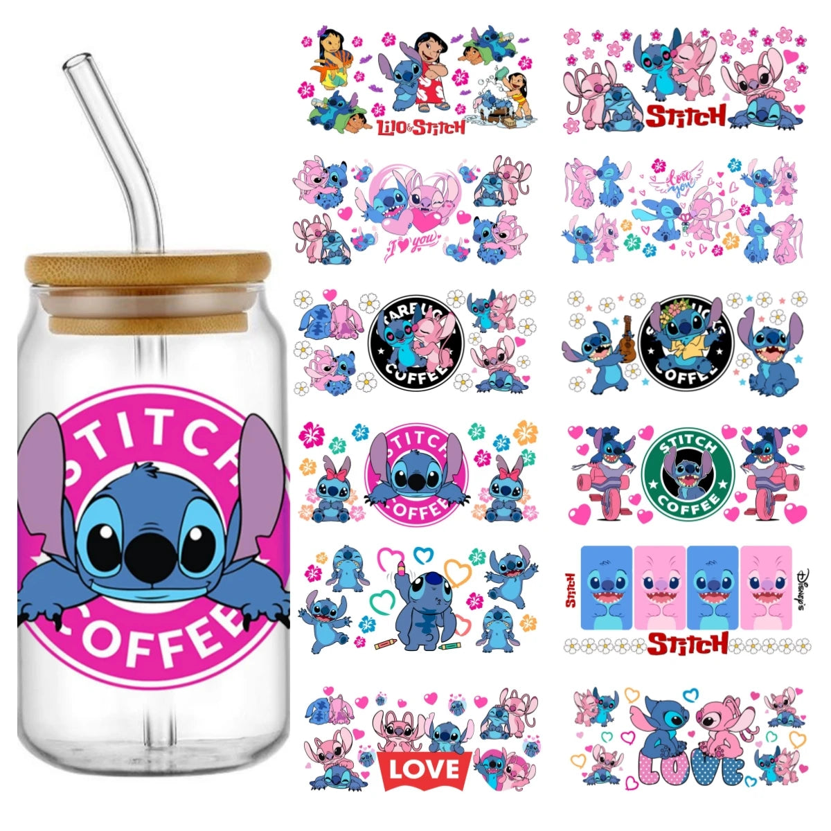 Miniso Stitch 16oz UV DTF Cup Wrap Cartoon Transfers Libbey Wrap Tumbler DIY Logo Sticker Glass Can Selfadhesive Waterproof