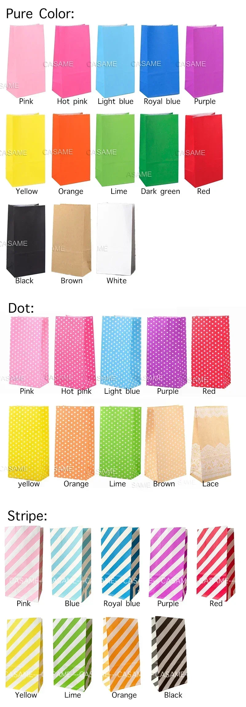 10 pcs Colorful Solid Stripe and Polka Dot Stand-Up Bags with Stickers - 18x9x6cm Favor Gift Packing Treat Bags for Wedding