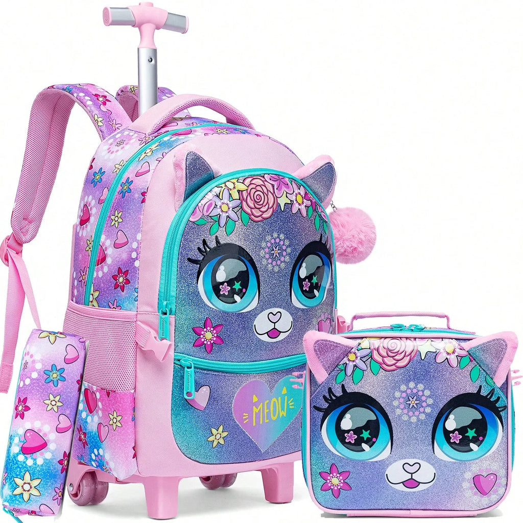 3PCS Cute Rolling Backpack for Girls Backpacks with Wheels for Elementary Students Kids 3 in 1 Travel Luggage Carry on Suitcase