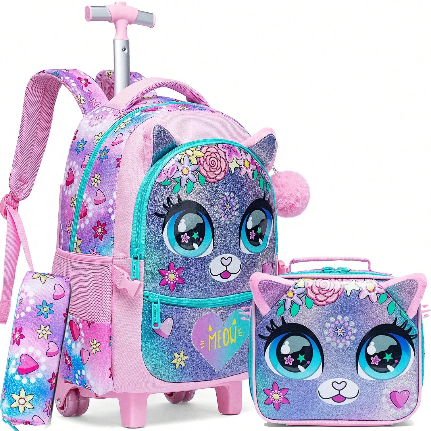 3PCS Cute Rolling Backpack for Girls Backpacks with Wheels for Elementary Students Kids 3 in 1 Travel Luggage Carry on Suitcase