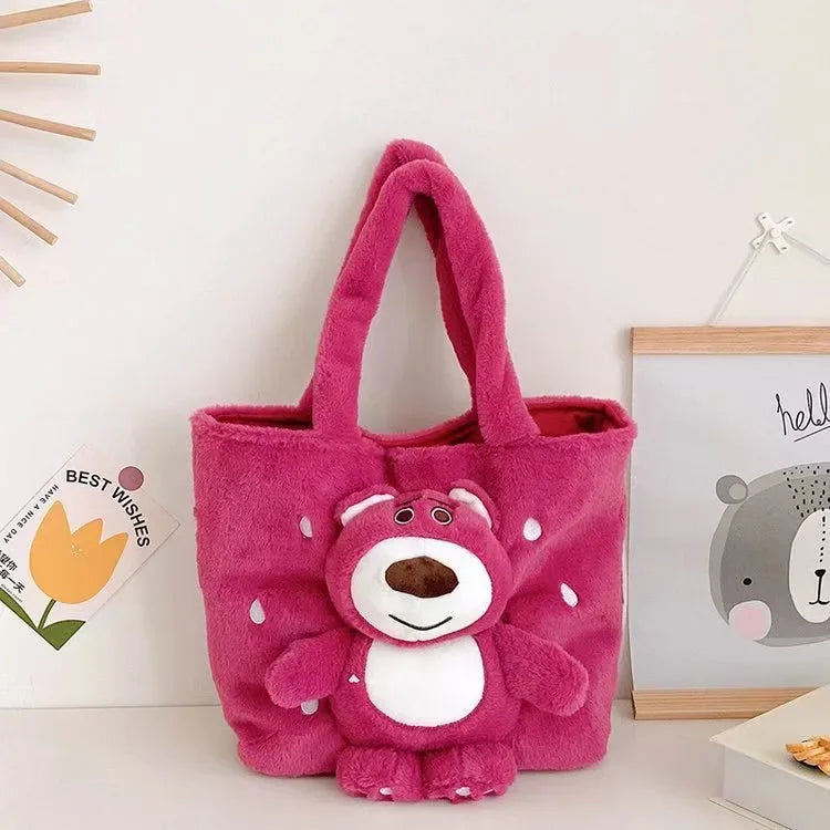 MINISO 2024 New Cartoon Plush Doll Shoulder Bag Sweet and Cute Stitch Strawberry Bear Soft Cute Girls Handbag