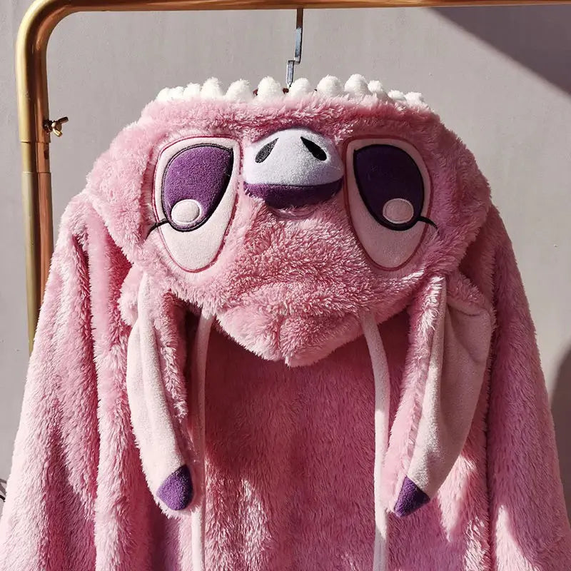 2024 New Lilo & Stitch Winter Thickened Plush Cosplay Cartoon Hooded Couple Pajamas Flannel Men & Women Loungewear Set