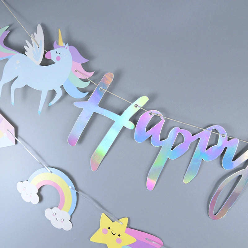 Unicorn Party Happy Birthday Paper Banner Hanging Garland Flag Unicorn Theme Kids 1st Birthday Party Decorations Baby Shower