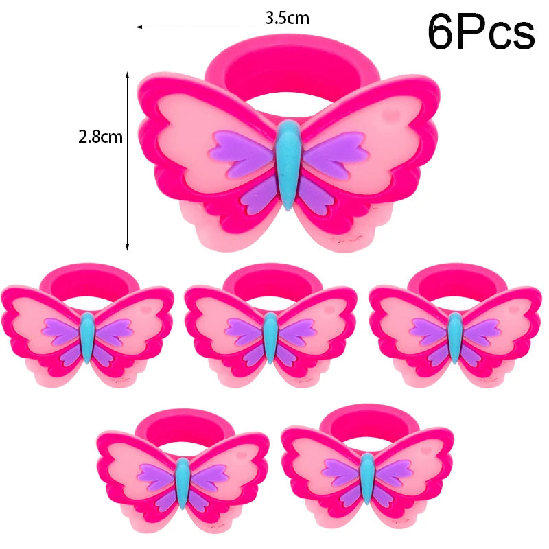 6/10pcs Cartoon Unicorn Butterfly Ring Girls Jewelry Silicone Ring Toys For Kids Unicorn Birthday Party Decor Gifts Filler Prize