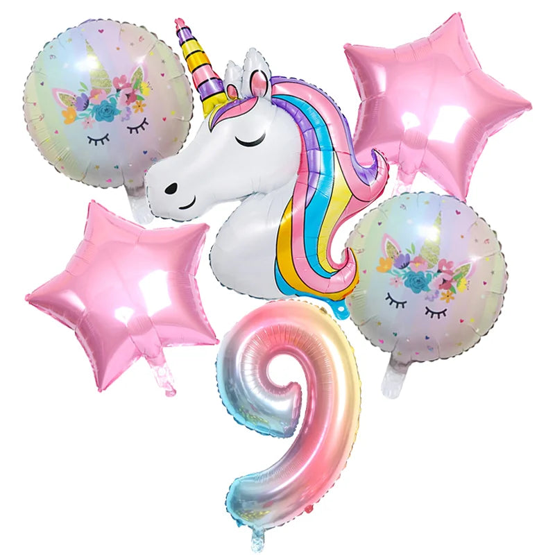 Rainbow Unicorn Foil Balloon 32inch Number Pink Star Balloons Unicorn Theme Kids Birthday Party Decorations Baby Shower Globos