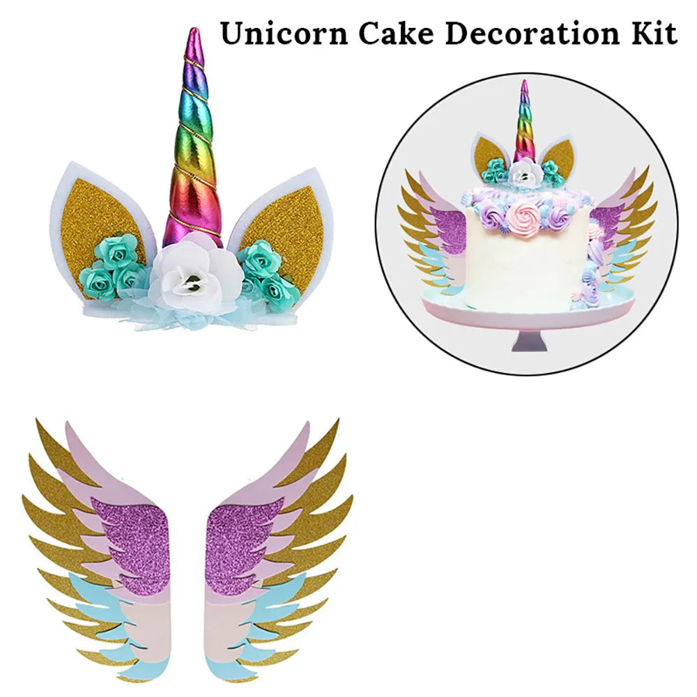 Unicorn Cake Toppers Rainbow Unicorn Horn Wings Girl Birthday Party DIY Decoration Cupcake Wrapper Unicorn Theme Party Supplies