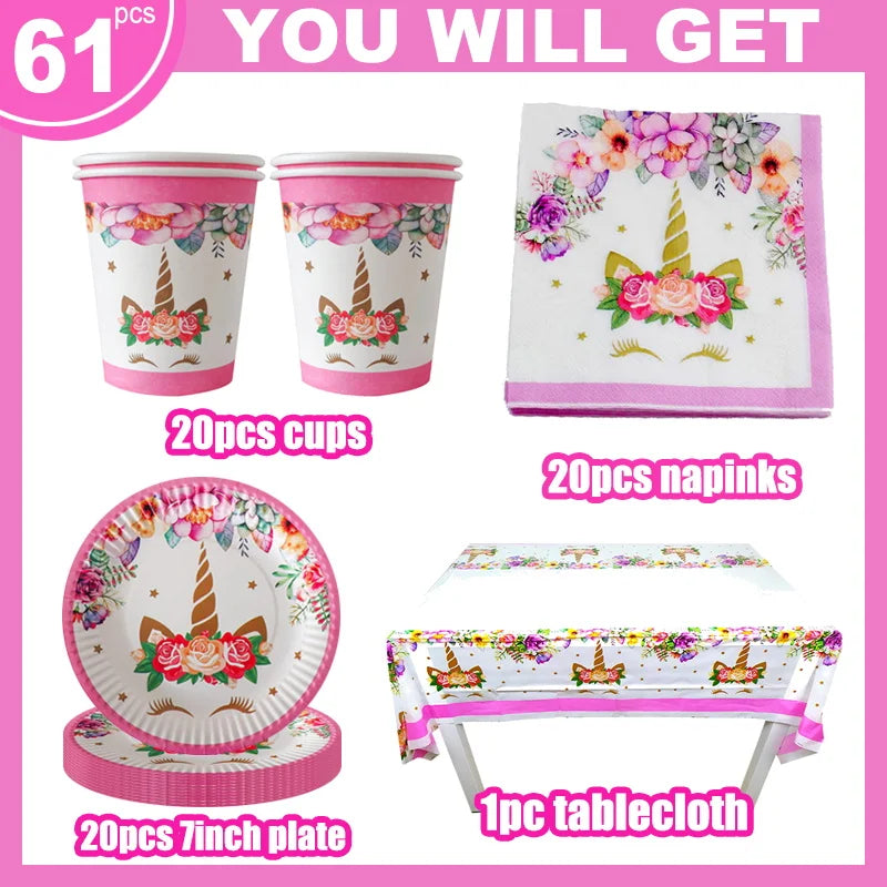 Unicorn Decoration For Birthday Girl Happy Birthday Unicorn Them Deco Kit Tableware Background Banner Balloons Supplies For Kids