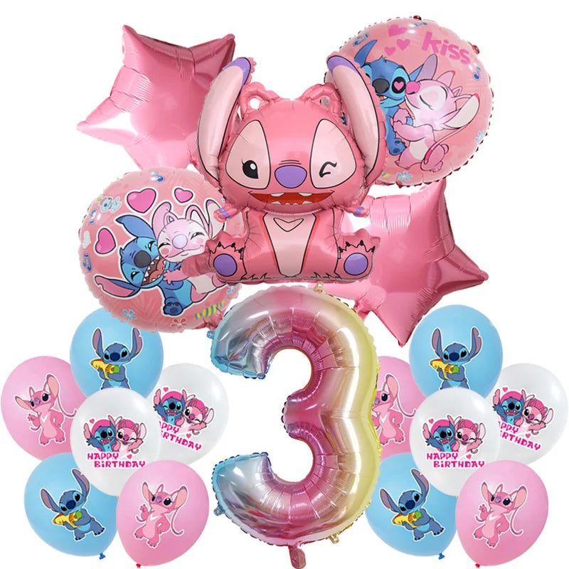 Stitch Birthday Party Decoration Pink Angel&Stitch Theme Event Supplies For Kids Balloon Disposable Tableware Banner Backdrop