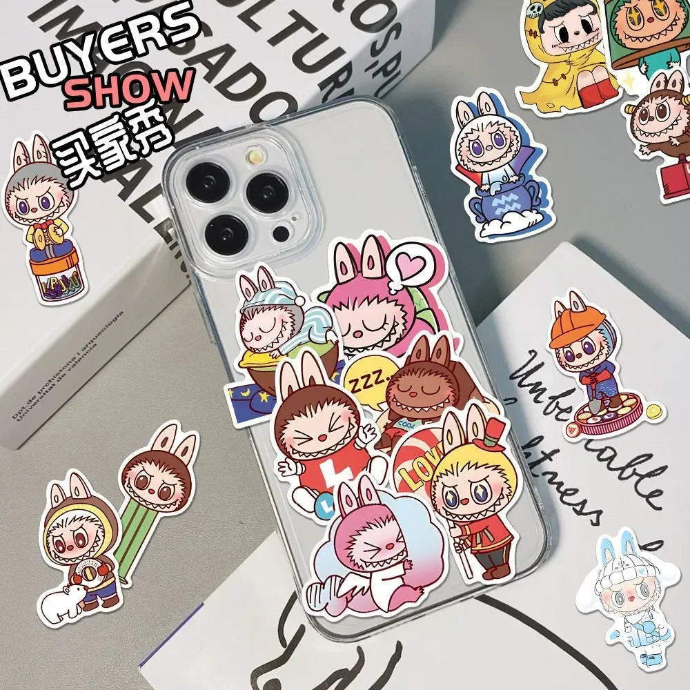 80Pcs 2024 New Labubu Monster Cartoon Waterproof Stickers Pack Cute Water Bottle Laptop Skateboard Scrapbook Anime Accessories