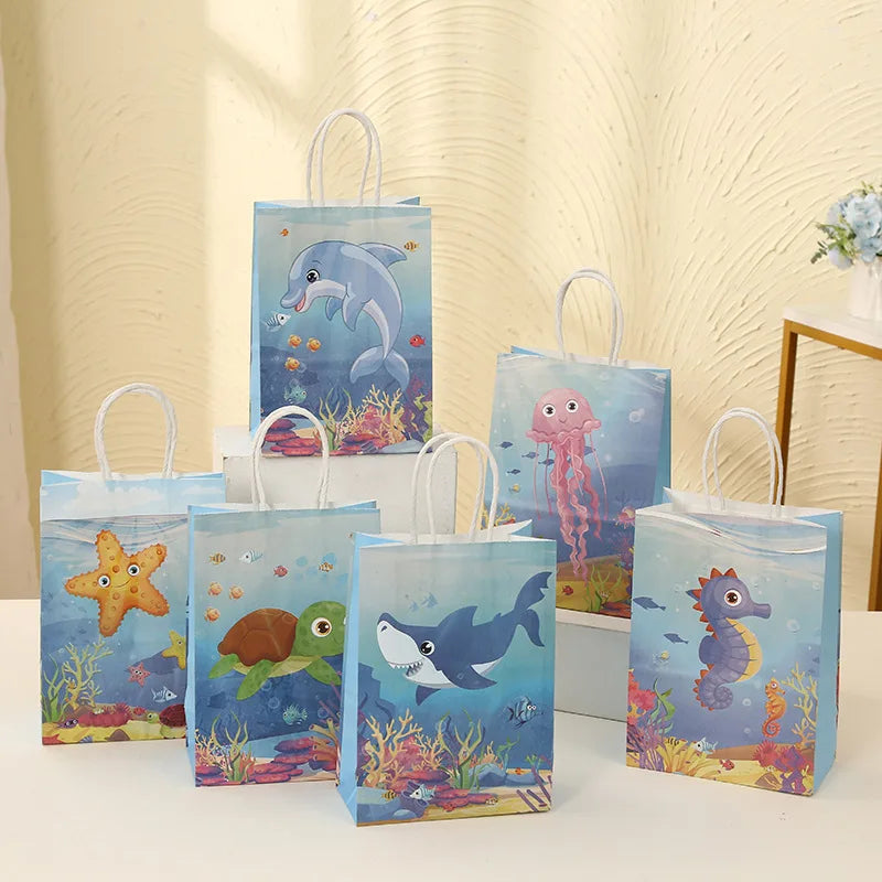 6Pcs Cartoon Ocean Theme Paper Gift Packing Bags Mermaid Shell Candy Cookie Bag for Girl Birthday Baby Shower Party Decoration